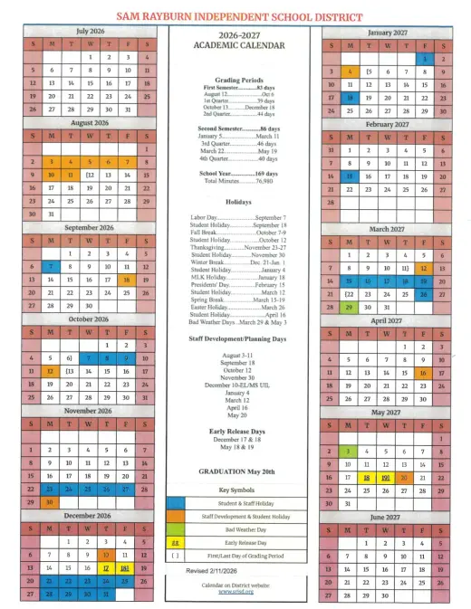 Sam Rayburn ISD 2026–2027 Academic Calendar Page 1