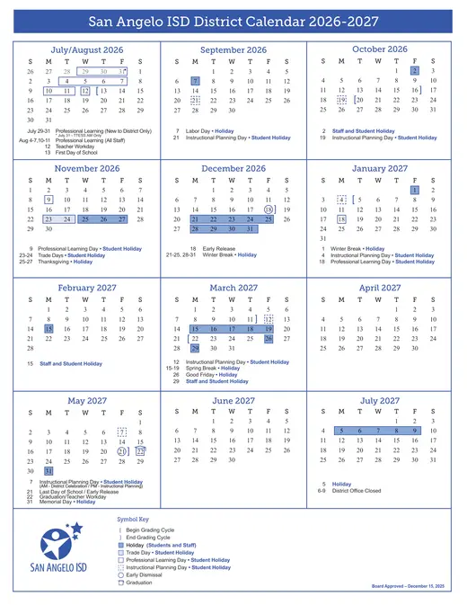San Angelo ISD 2026–2027 Academic Calendar