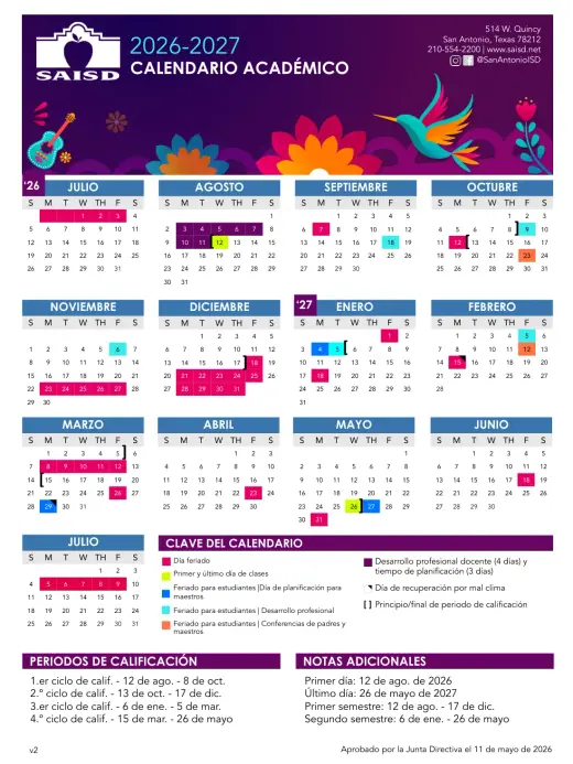 San Antonio ISD 2026–2027 Academic Calendar Page 1