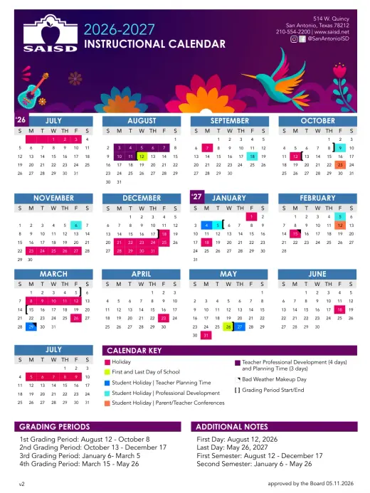 San Antonio ISD 2026–2027 Academic Calendar Page 2