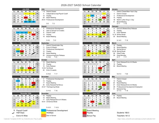 San Augustine ISD 2026–2027 Academic Calendar Page 1
