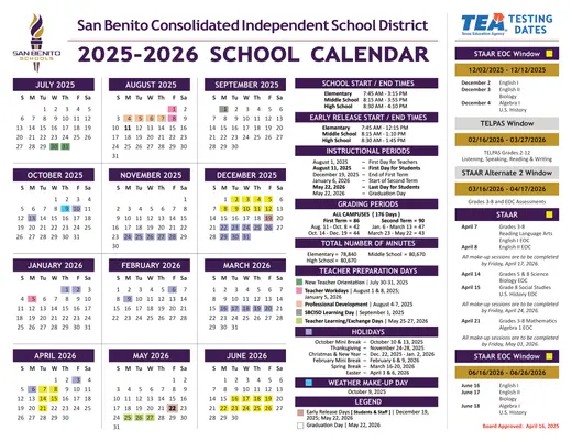 San Benito Consolidated Independent School District 2025–2026 Academic Calendar