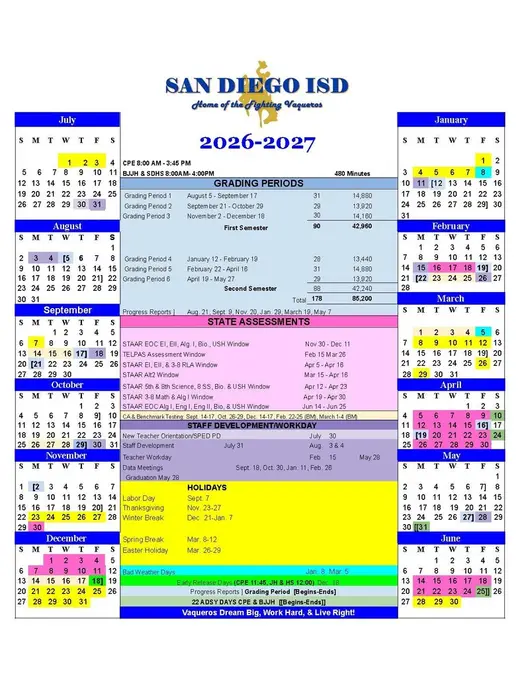 San Diego ISD 2026–2027 Academic Calendar Page 1