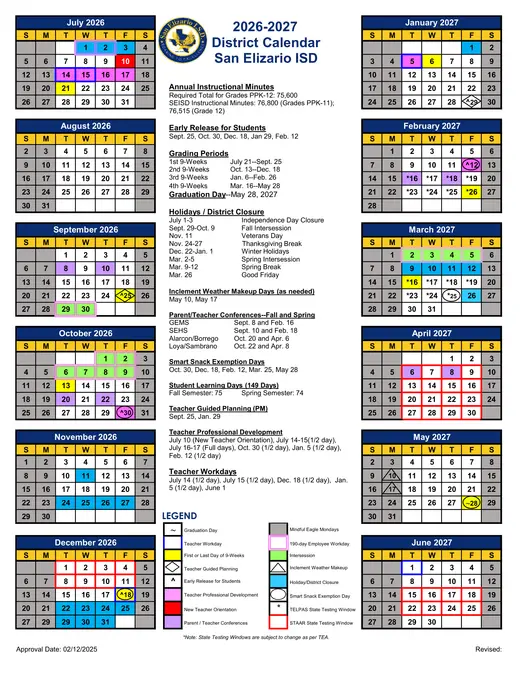 San Elizario ISD 2025–2026 Academic Calendar Page 1