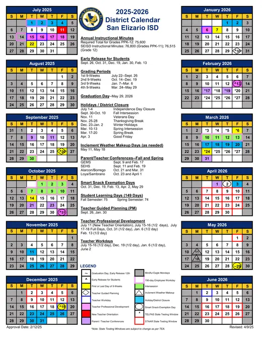 San Elizario ISD 2025–2026 Academic Calendar Page 2