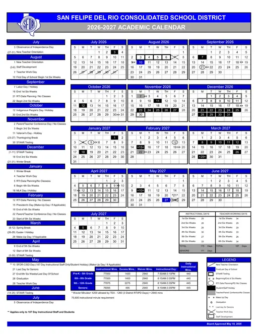 San Felipe Del Rio Consolidated School District 2026–2027 Academic Calendar