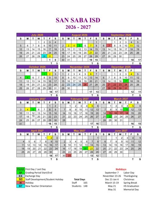 San Saba ISD 2026–2027 Academic Calendar Page 1