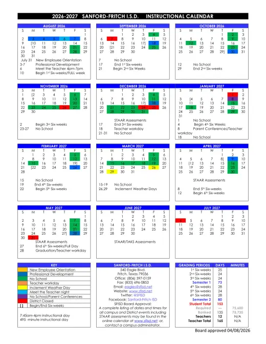 Sanford-Fritch ISD 2026–2027 Academic Calendar Page 1
