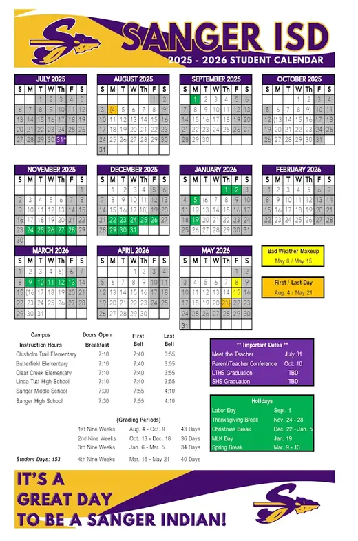 Sanger ISD 2025–2026 Academic Calendar