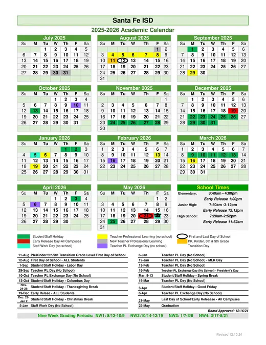 Santa Fe ISD 2025–2026 Academic Calendar Page 1