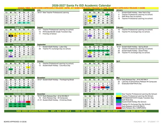 Santa Fe ISD 2025–2026 Academic Calendar Page 2