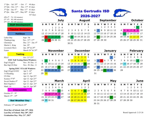 Santa Gertrudis ISD 2026–2027 Academic Calendar Page 1