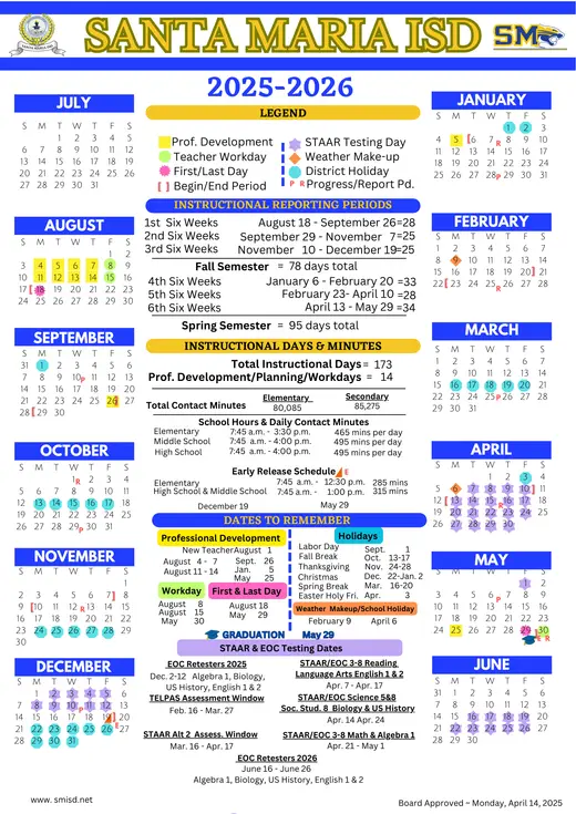 Santa Maria ISD 2025–2026 Academic Calendar