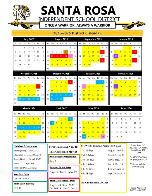 Santa Rosa Independent School District 2025–2026 Academic Calendar