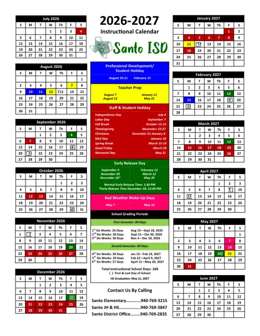 Santo ISD 2026–2027 Academic Calendar Page 1