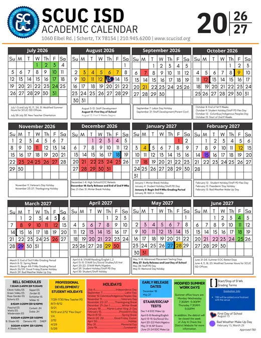 Schertz-Cibolo-Universal City ISD 2026–2027 Academic Calendar