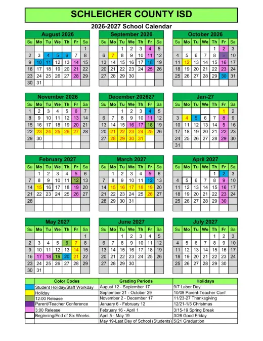 Schleicher ISD 2026–2027 Academic Calendar Page 1
