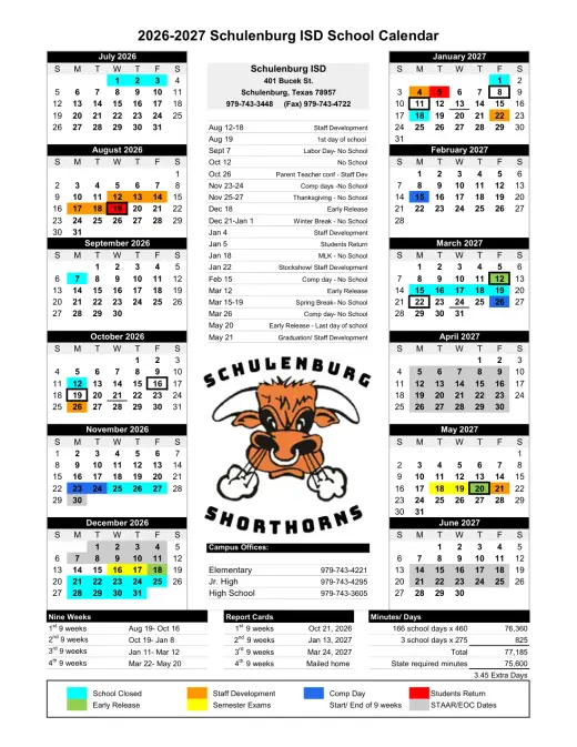 Schulenburg ISD 2026–2027 Academic Calendar Page 1