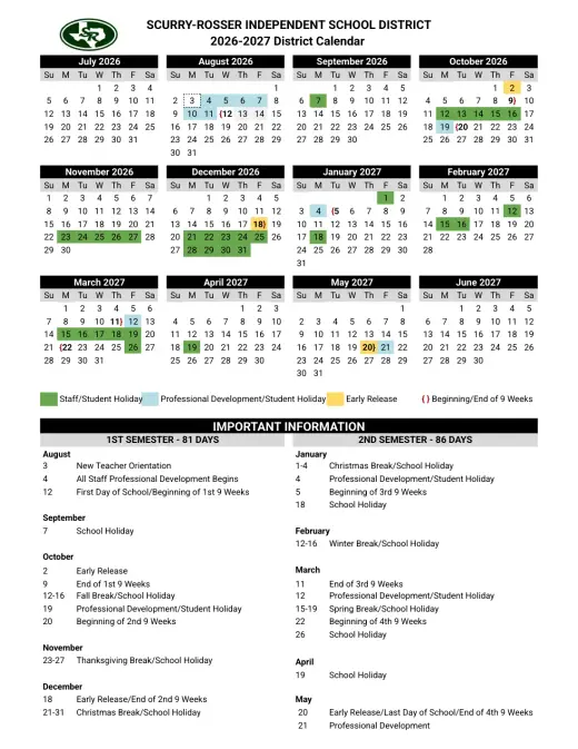 Scurry-Rosser ISD 2026–2027 Academic Calendar Page 1