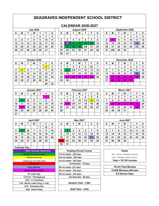 Seagraves ISD 2026–2027 Academic Calendar Page 1