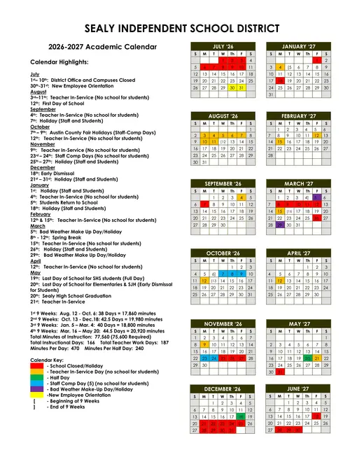 Sealy Independent School District 2026–2027 Academic Calendar