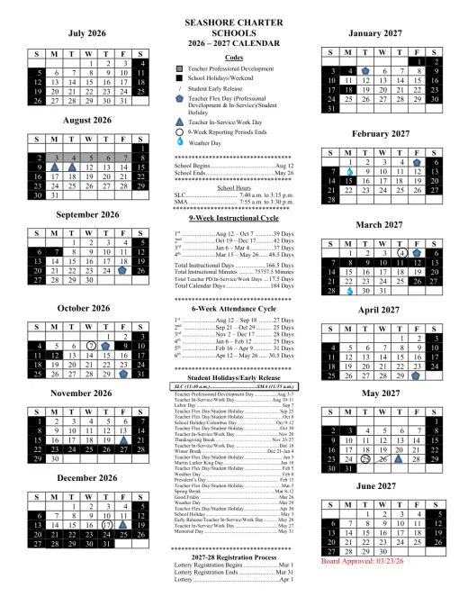 Seashore Charter Schools 2026–2027 Academic Calendar Page 1