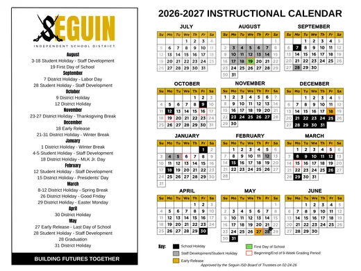 Seguin Independent School District 2026–2027 Academic Calendar