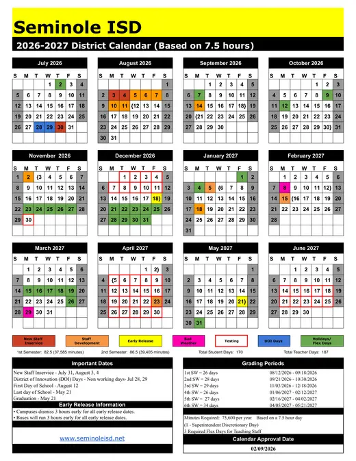 Seminole ISD 2026–2027 Academic Calendar