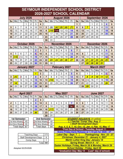Seymour ISD 2026–2027 Academic Calendar Page 1