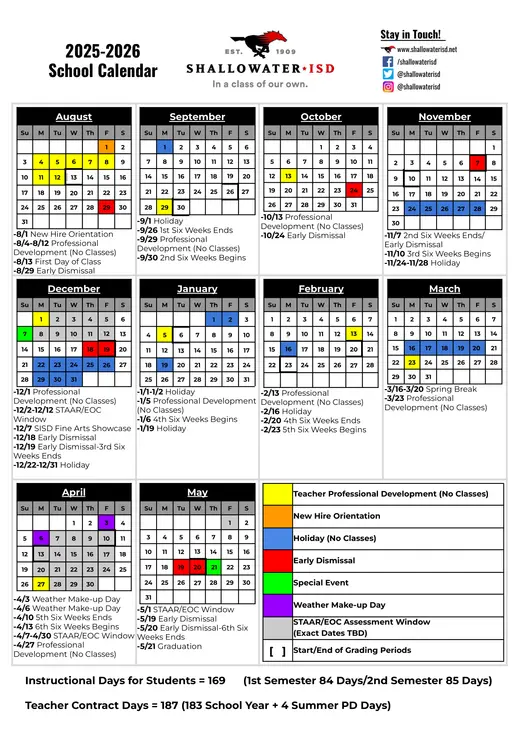 Shallowater ISD 2025–2026 Academic Calendar Page 1