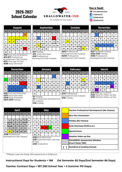 Shallowater ISD 2025–2026 Academic Calendar Page 2