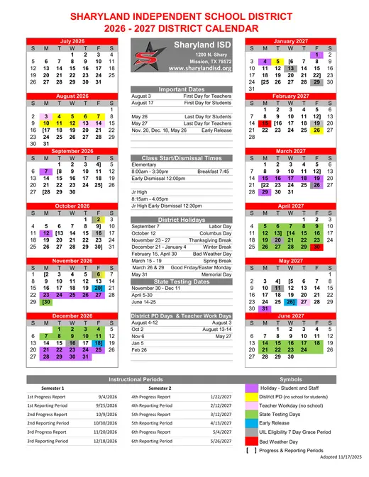 Sharyland Independent School District 2025–2026 Academic Calendar Page 1