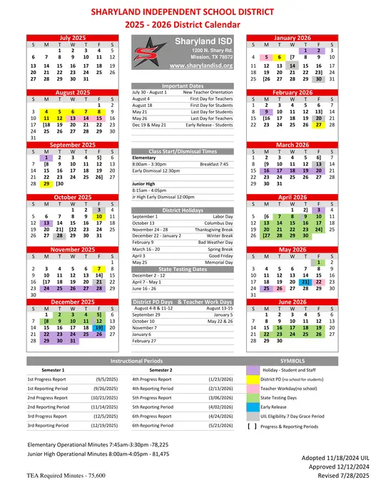 Sharyland Independent School District 2025–2026 Academic Calendar Page 2