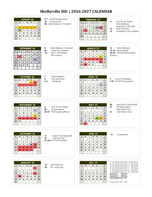 Shelbyville ISD 2026–2027 Academic Calendar Page 1