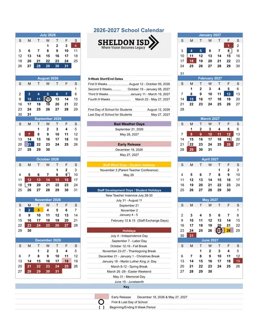 Sheldon ISD 2026–2027 Academic Calendar