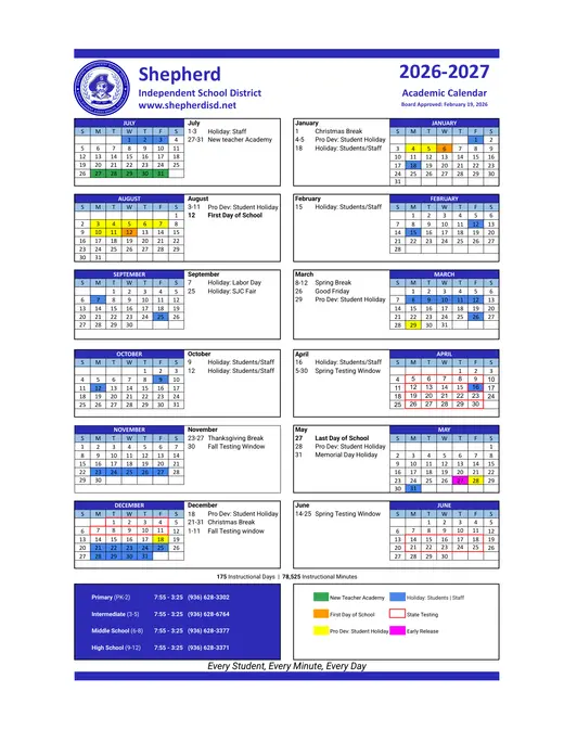Shepherd Independent School District 2026–2027 Academic Calendar Page 1