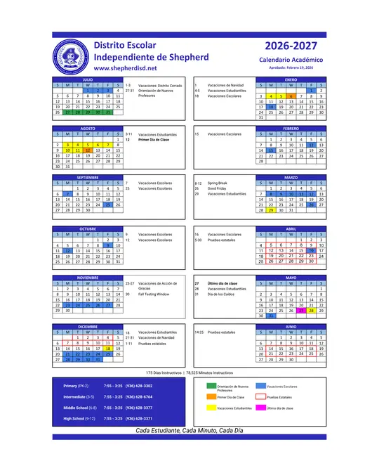 Shepherd Independent School District 2026–2027 Academic Calendar Page 2