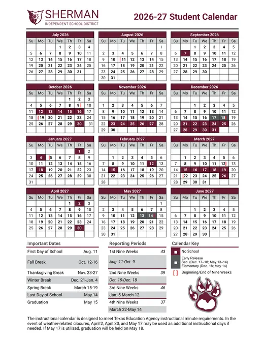 Sherman Independent School District 2026–2027 Academic Calendar Page 1