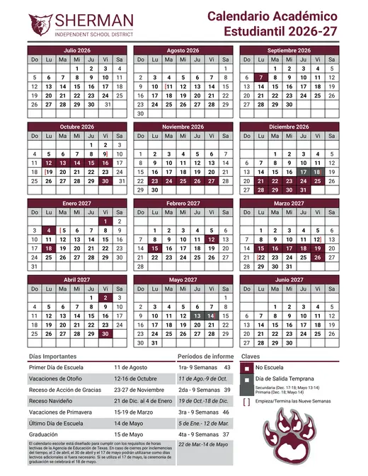 Sherman Independent School District 2026–2027 Academic Calendar Page 2