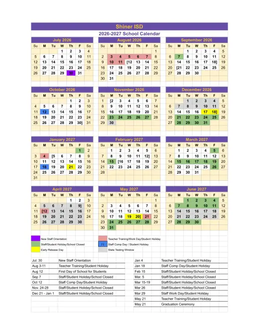 Shiner ISD 2026–2027 Academic Calendar Page 1