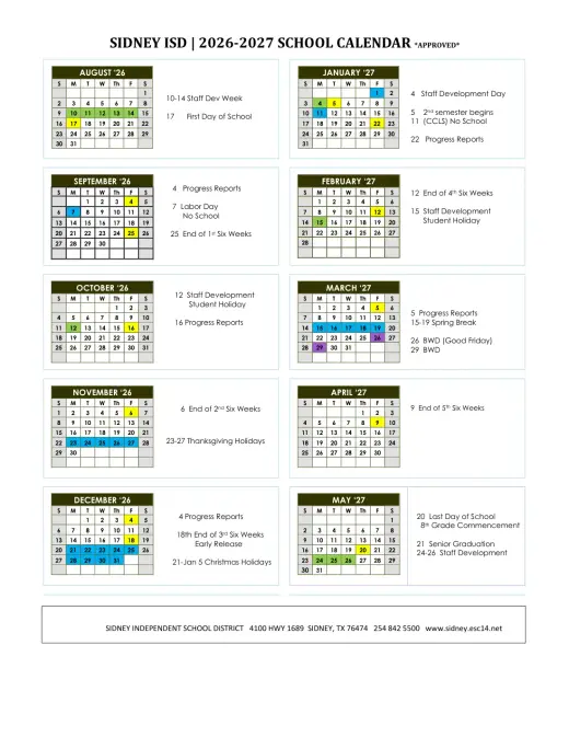Sidney ISD 2026–2027 Academic Calendar Page 1