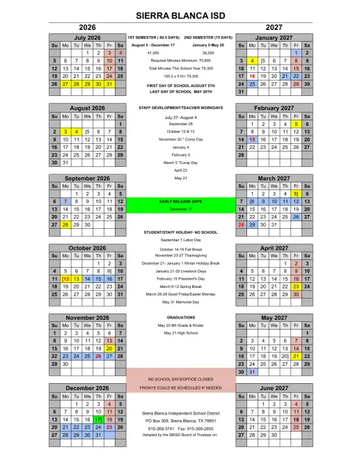 Sierra Blanca ISD 2026–2027 Academic Calendar Page 1