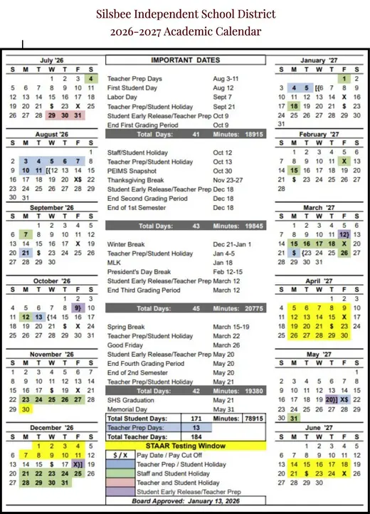 Silsbee Independent School District 2026–2027 Academic Calendar Page 2