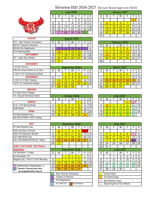 Silverton ISD 2026–2027 Academic Calendar Page 2
