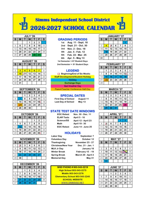 Simms ISD 2026–2027 Academic Calendar Page 1