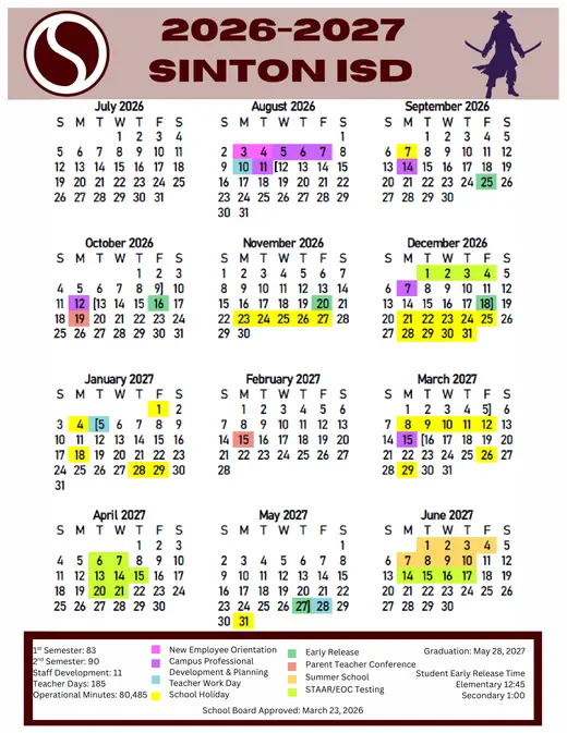 Sinton ISD 2026–2027 Academic Calendar