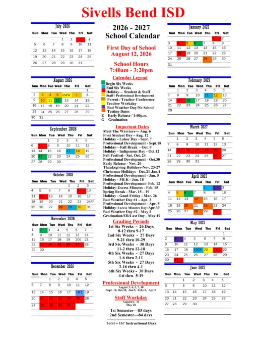 Sivells Bend ISD 2026–2027 Academic Calendar Page 1