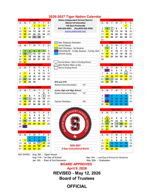Slaton Independent School District 2026–2027 Academic Calendar