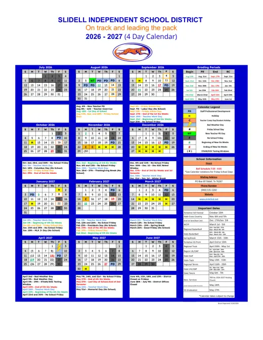 Slidell ISD 2026–2027 Academic Calendar Page 1