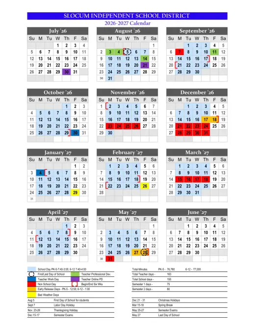 Slocum ISD 2026–2027 Academic Calendar Page 1